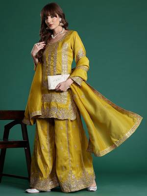 Ethnic Motifs Embroidered Sequinned Kurta with Palazzos & With Dupatta 1