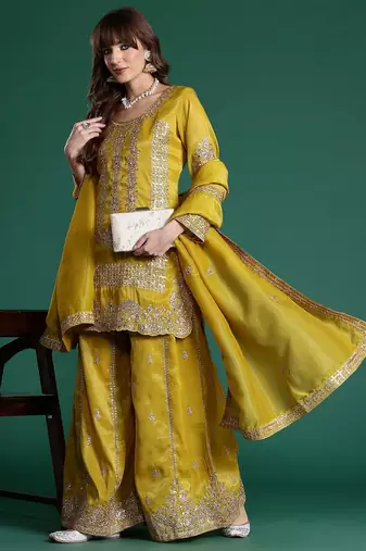 Ethnic Motifs Embroidered Sequinned Kurta with Palazzos & With Dupatta