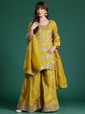 Ethnic Motifs Embroidered Sequinned Kurta with Palazzos & With Dupatta 5