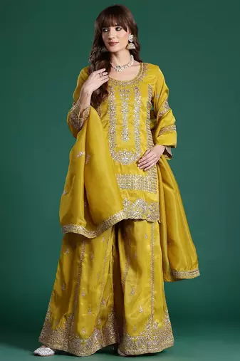 Ethnic Motifs Embroidered Sequinned Kurta with Palazzos & With Dupatta