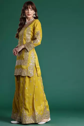 Ethnic Motifs Embroidered Sequinned Kurta with Palazzos & With Dupatta
