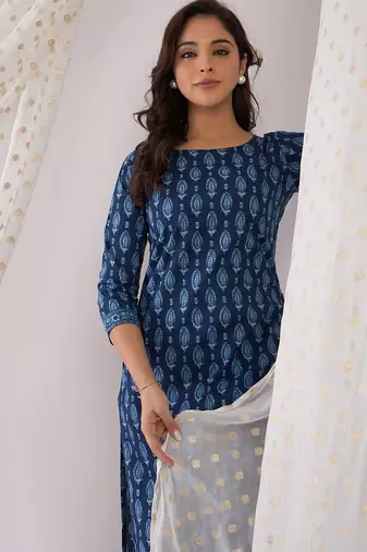 Floral Printed Pure Cotton Straight Kurta With Trousers