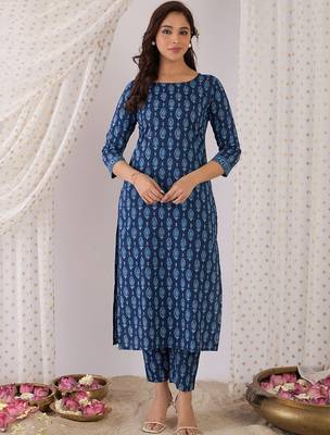 Floral Printed Pure Cotton Straight Kurta With Trousers 2