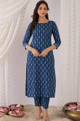 Floral Printed Pure Cotton Straight Kurta With Trousers