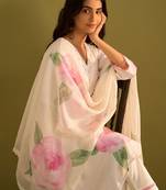 Floral Printed V-Neck Straight Sequinned Linen Kurta With Trousers And Dupatta