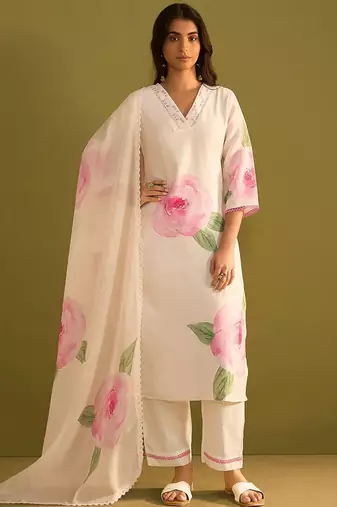 Floral Printed V-Neck Straight Sequinned Linen Kurta With Trousers And Dupatta