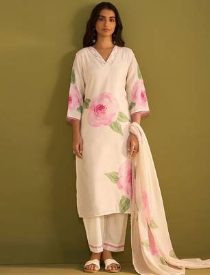 Floral Printed V-Neck Straight Sequinned Linen Kurta With Trousers And Dupatta 4
