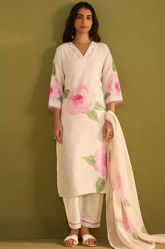 Floral Printed V-Neck Straight Sequinned Linen Kurta With Trousers And Dupatta