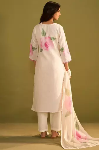 Floral Printed V-Neck Straight Sequinned Linen Kurta With Trousers And Dupatta