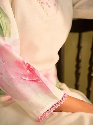 Floral Printed V-Neck Straight Sequinned Linen Kurta With Trousers And Dupatta 7