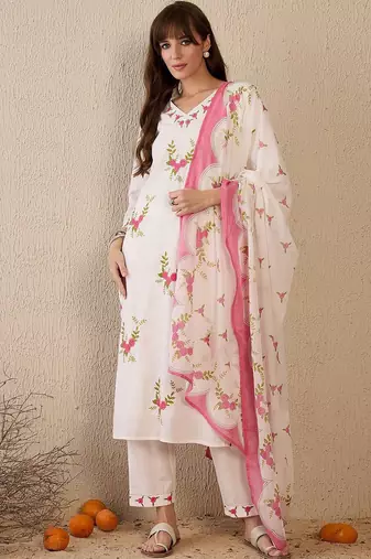 Women Floral Embroidered Regular Thread Work Pure Cotton Kurta with Trousers & With Dupatta