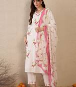 Women Floral Embroidered Regular Thread Work Pure Cotton Kurta with Trousers & With Dupatta