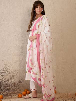 Women Floral Embroidered Regular Thread Work Pure Cotton Kurta with Trousers & With Dupatta 4