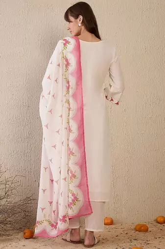 Women Floral Embroidered Regular Thread Work Pure Cotton Kurta with Trousers & With Dupatta