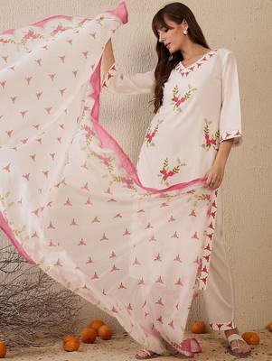 Women Floral Embroidered Regular Thread Work Pure Cotton Kurta with Trousers & With Dupatta 6