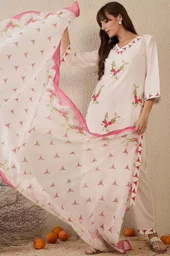 Women Floral Embroidered Regular Thread Work Pure Cotton Kurta with Trousers & With Dupatta