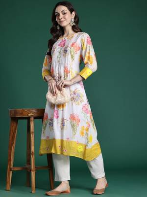 Floral Printed Pleated Pure Cotton A-Line Kurta with Trousers 1