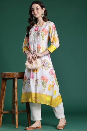 Floral Printed Pleated  Cotton A-Line Kurta with Trousers