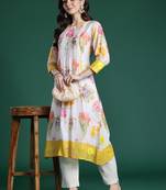 Floral Printed Pleated Pure Cotton A-Line Kurta with Trousers