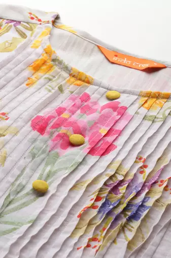 Floral Printed Pleated Pure Cotton A-Line Kurta with Trousers