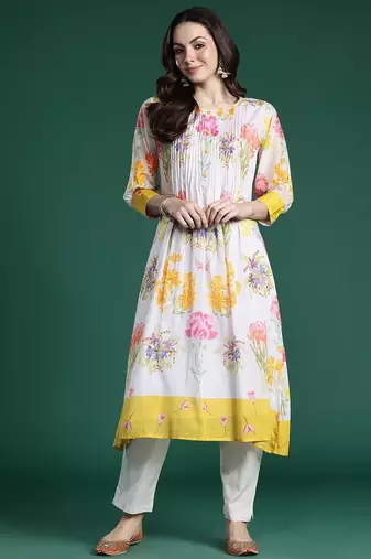 Floral Printed Pleated Pure Cotton A-Line Kurta with Trousers