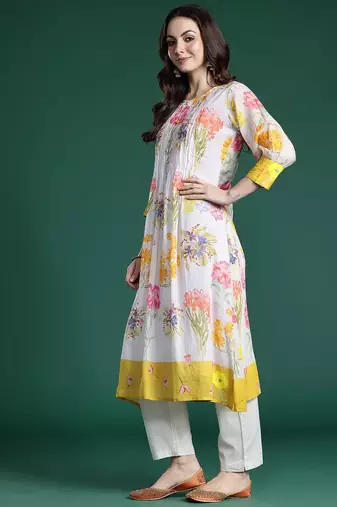 Floral Printed Pleated Pure Cotton A-Line Kurta with Trousers