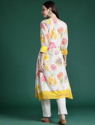 Floral Printed Pleated Pure Cotton A-Line Kurta with Trousers 6