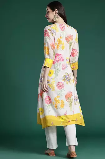 Floral Printed Pleated Pure Cotton A-Line Kurta with Trousers