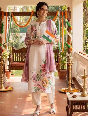 Floral Printed Beads and Stones Linen Kurta with Trousers & With Dupatta 1