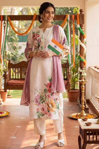 Floral Printed Beads and Stones Linen Kurta with Trousers & With Dupatta