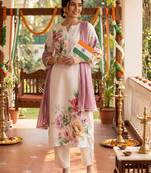 Floral Printed Beads and Stones Linen Kurta with Trousers & With Dupatta