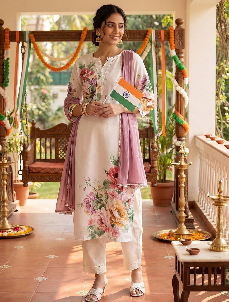 Floral Printed Beads and Stones Linen Kurta with Trousers & With Dupatta