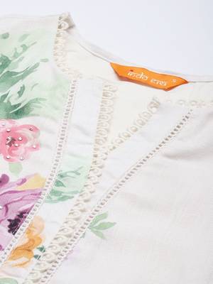 Floral Printed Beads and Stones Linen Kurta with Trousers & With Dupatta 2