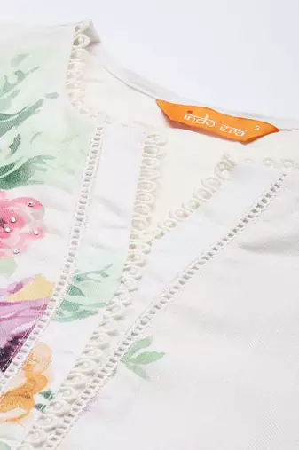 Floral Printed Beads and Stones Linen Kurta with Trousers & With Dupatta