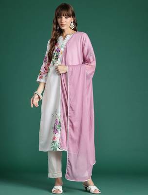 Floral Printed Beads and Stones Linen Kurta with Trousers & With Dupatta 5