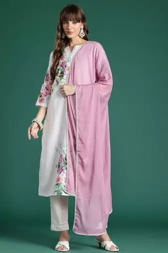 Floral Printed Beads and Stones Linen Kurta with Trousers & With Dupatta
