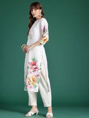 Floral Printed Beads and Stones Linen Kurta with Trousers & With Dupatta 6