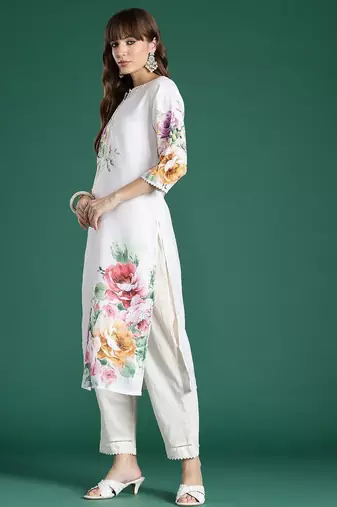 Floral Printed Beads and Stones Linen Kurta with Trousers & With Dupatta