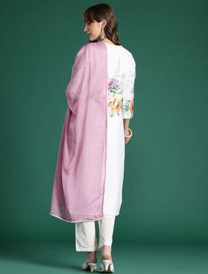 Floral Printed Beads and Stones Linen Kurta with Trousers & With Dupatta 7