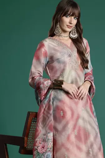Floral Embroidered Sequinned Kurta with Trousers & With Dupatta