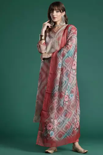 Floral Embroidered Sequinned Kurta with Trousers & With Dupatta
