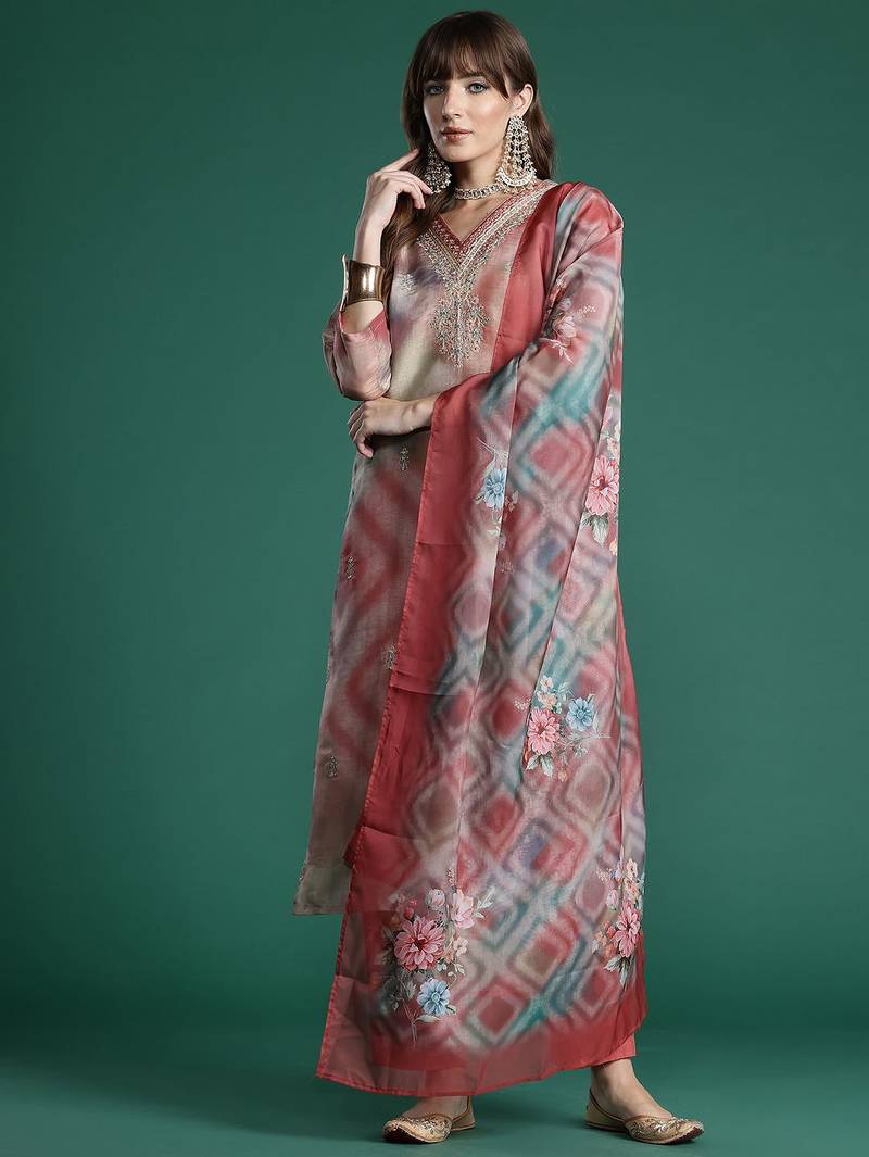 Floral Embroidered Sequinned Kurta with Trousers & With Dupatta