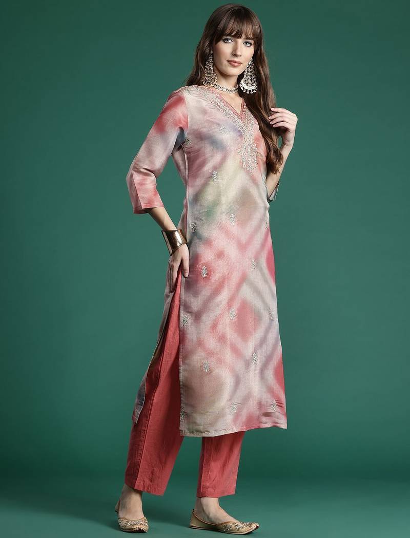 Floral Embroidered Sequinned Kurta with Trousers & With Dupatta