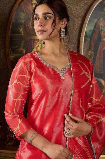 Floral Printed V-Neck Sequinned Straight Kurta With Trousers And Dupatta