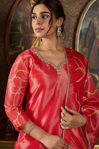 Floral Printed V-Neck Sequinned Straight Kurta With Trousers And Dupatta