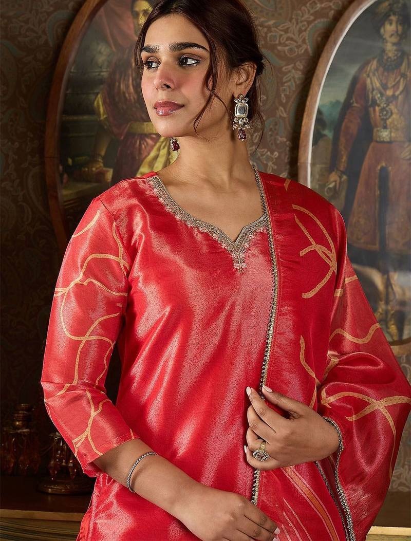 Floral Printed V-Neck Sequinned Straight Kurta With Trousers And Dupatta