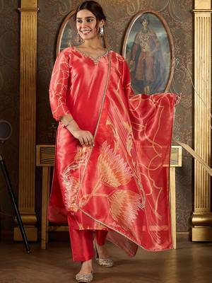 Floral Printed V-Neck Sequinned Straight Kurta With Trousers And Dupatta 2