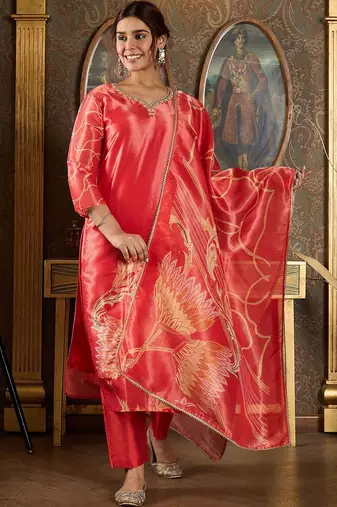 Floral Printed V-Neck Sequinned Straight Kurta With Trousers And Dupatta
