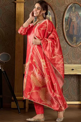Floral Printed V-Neck Sequinned Straight Kurta With Trousers And Dupatta