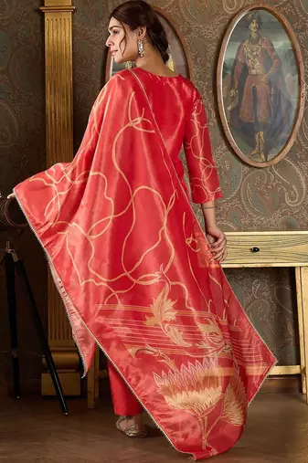 Floral Printed V-Neck Sequinned Straight Kurta With Trousers And Dupatta